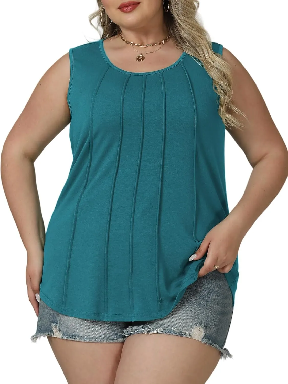 ROSRISS Plus-Size-Tank-Tops Summer Sleeveless Casual Pleated Shirts Trendy Scoop Neck Tunics Flowy Tees