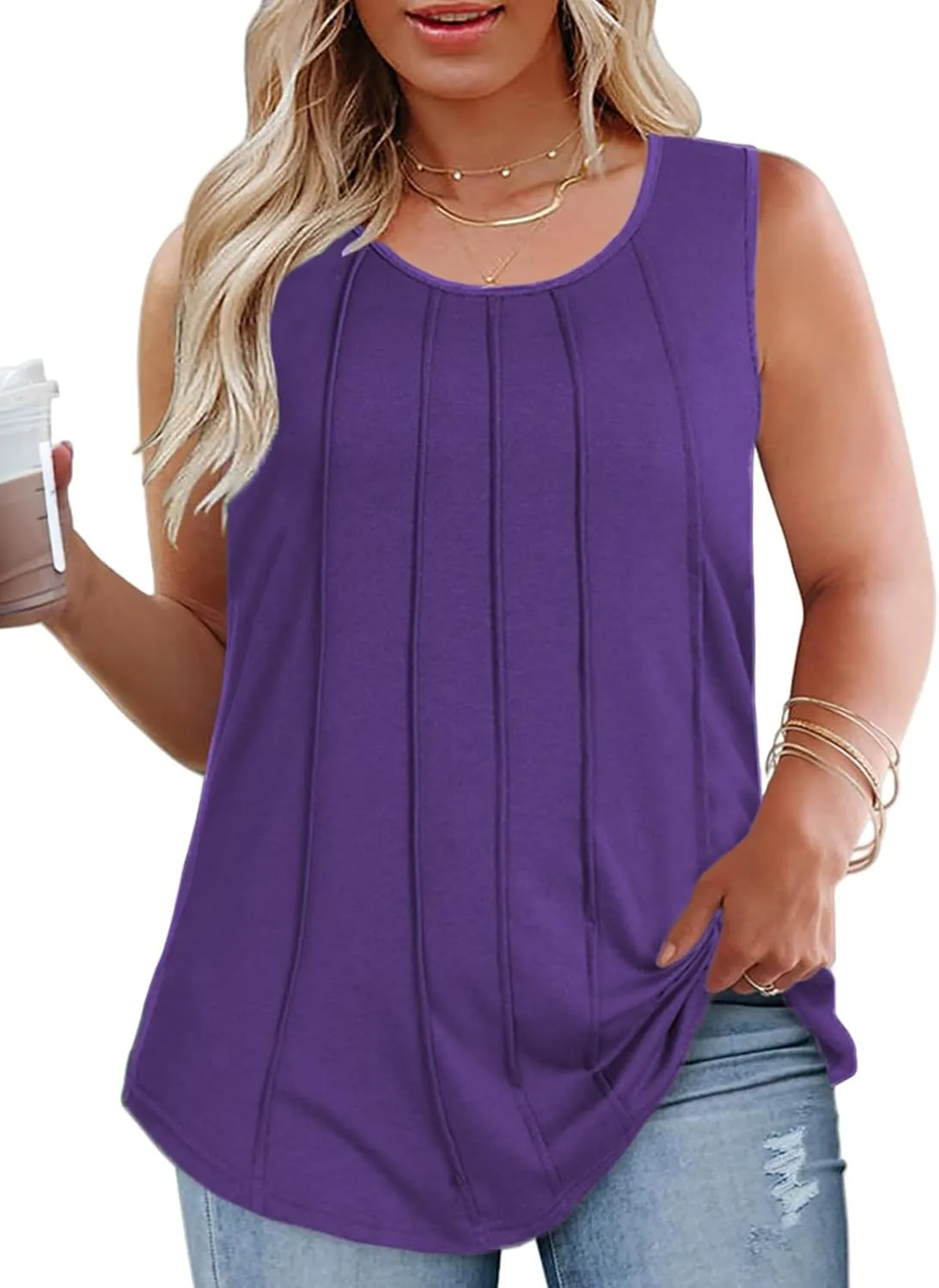 ROSRISS Plus-Size-Tank-Tops Summer Sleeveless Casual Pleated Shirts Trendy Scoop Neck Tunics Flowy Tees