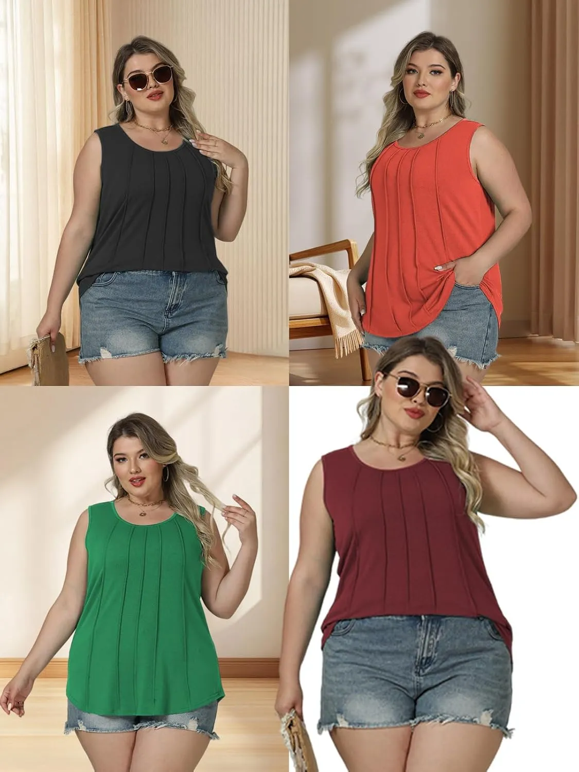ROSRISS Plus-Size-Tank-Tops Summer Sleeveless Casual Pleated Shirts Trendy Scoop Neck Tunics Flowy Tees