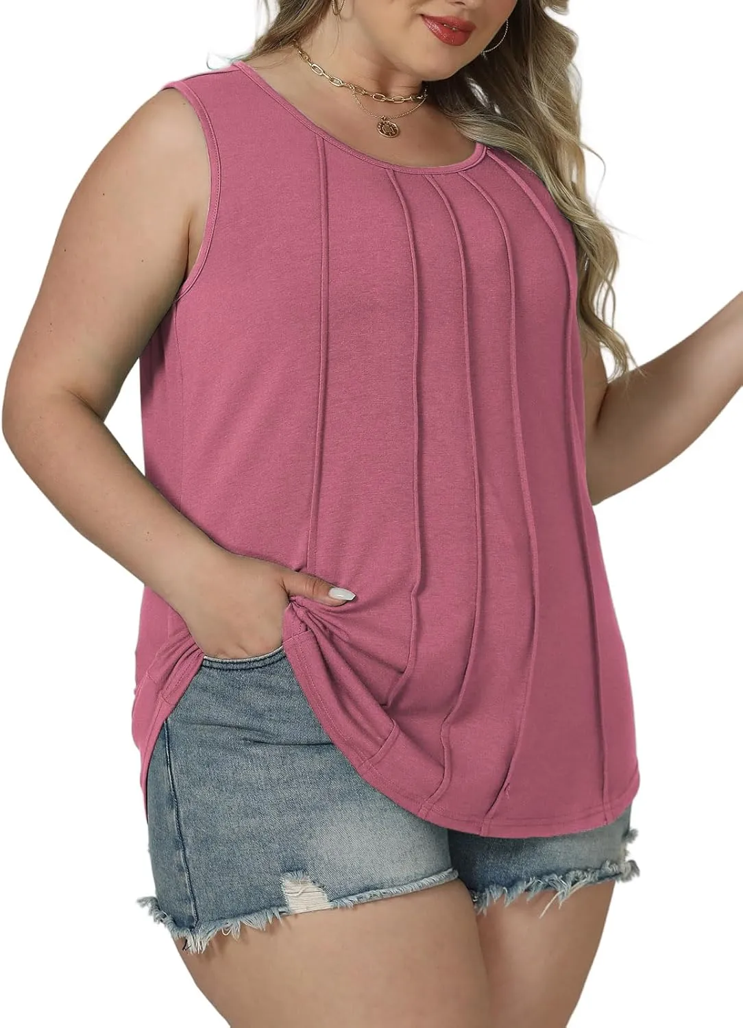 ROSRISS Plus-Size-Tank-Tops Summer Sleeveless Casual Pleated Shirts Trendy Scoop Neck Tunics Flowy Tees