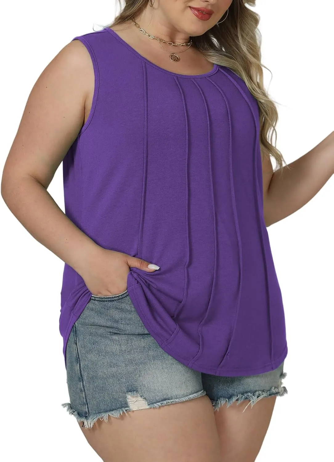 ROSRISS Plus-Size-Tank-Tops Summer Sleeveless Casual Pleated Shirts Trendy Scoop Neck Tunics Flowy Tees