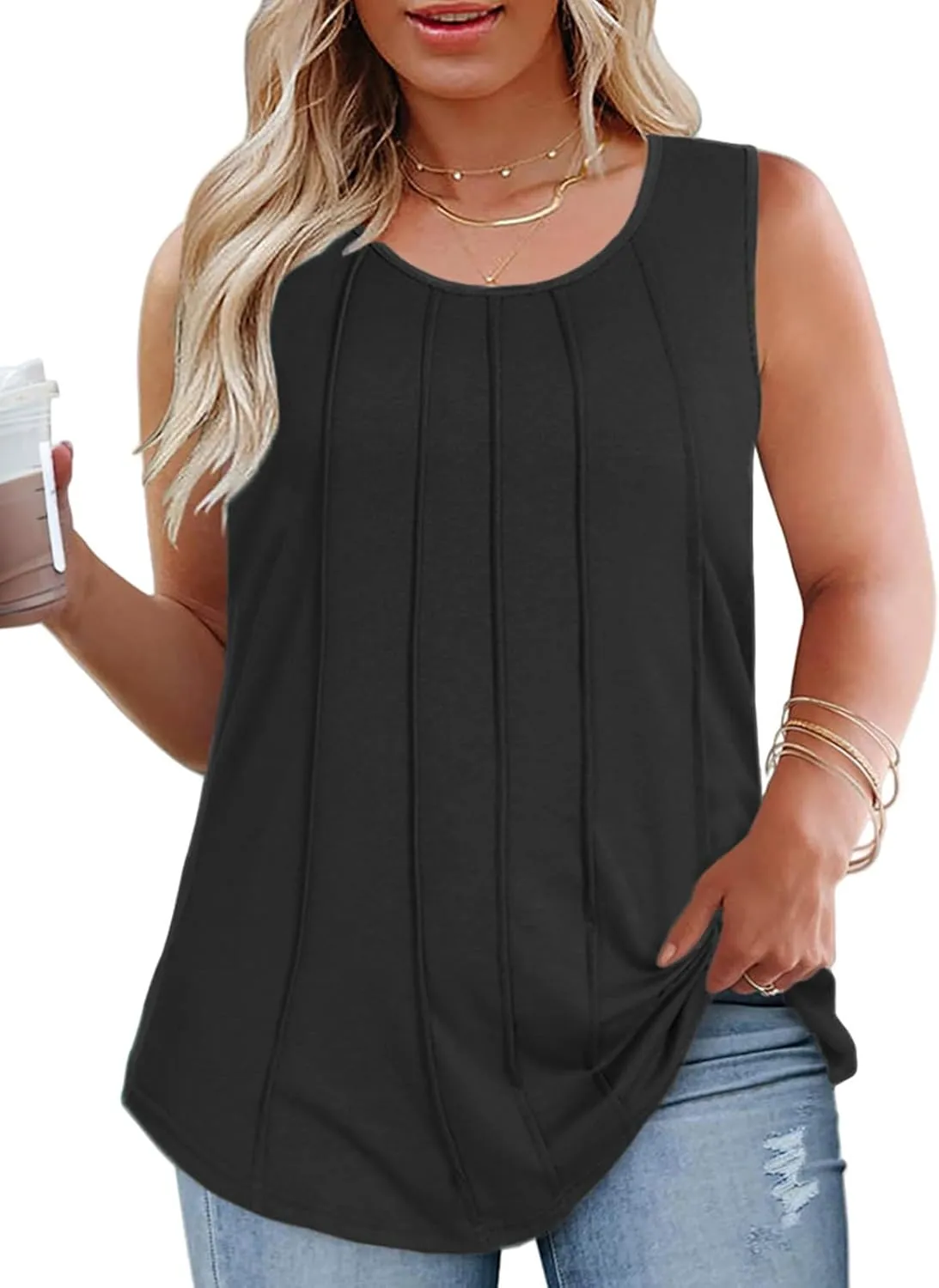 ROSRISS Plus-Size-Tank-Tops Summer Sleeveless Casual Pleated Shirts Trendy Scoop Neck Tunics Flowy Tees