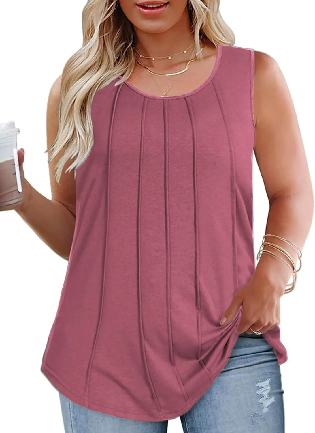 ROSRISS Plus-Size-Tank-Tops Summer Sleeveless Casual Pleated Shirts Trendy Scoop Neck Tunics Flowy Tees
