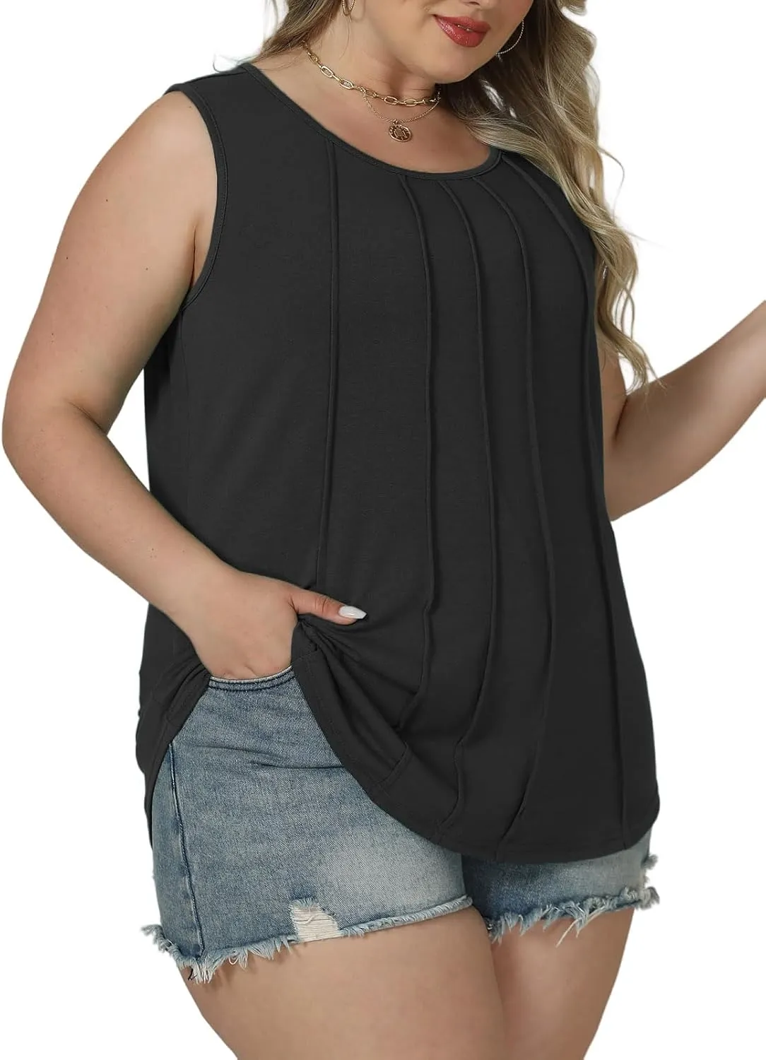 ROSRISS Plus-Size-Tank-Tops Summer Sleeveless Casual Pleated Shirts Trendy Scoop Neck Tunics Flowy Tees
