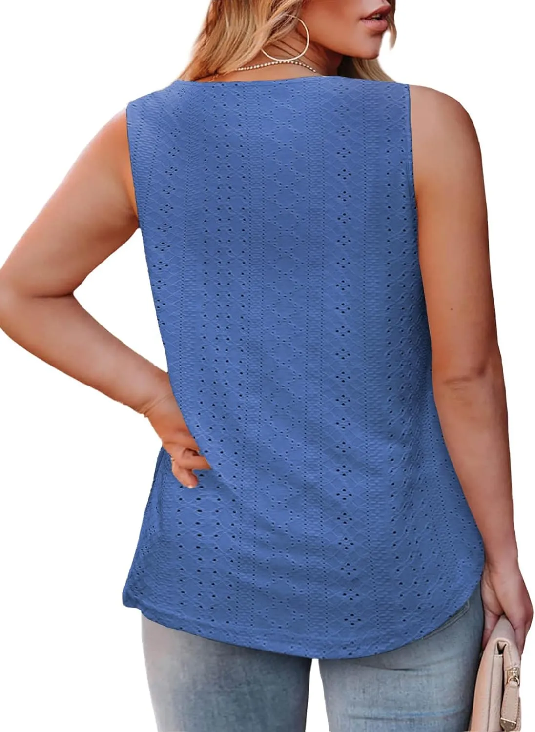 ROSRISS Plus-Size-Tank-Tops Summer Sleeveless Loose Fit Pleated Shirts Square Neck Tunics Eyelet Flowy Tees