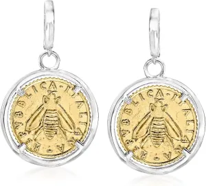 Ross-Simons Italian Replica Lira Bee Coin Drop Earrings in Sterling Silver and 18kt Gold Over Sterling
