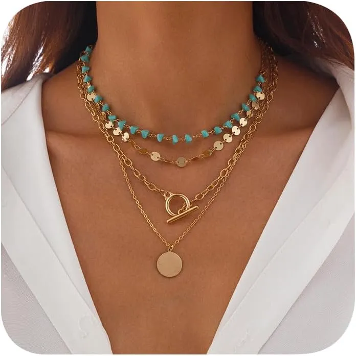 Salircon Boho Layered Necklaces for Women Western Summer Jewelry Long Turquoise Beaded Necklace Stack Country Concert Outfits