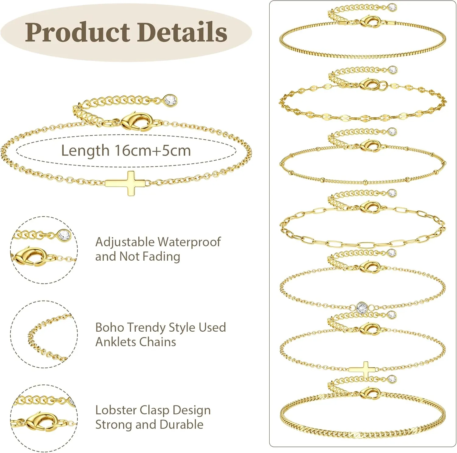 Sanfenly 7 PCS Gold Bracelets for Women Waterproof 14K Gold Plated Dainty Stackable Cuff Chain Bracelets Set Trendy Adjustable Thin Link JewelryGold/Silver