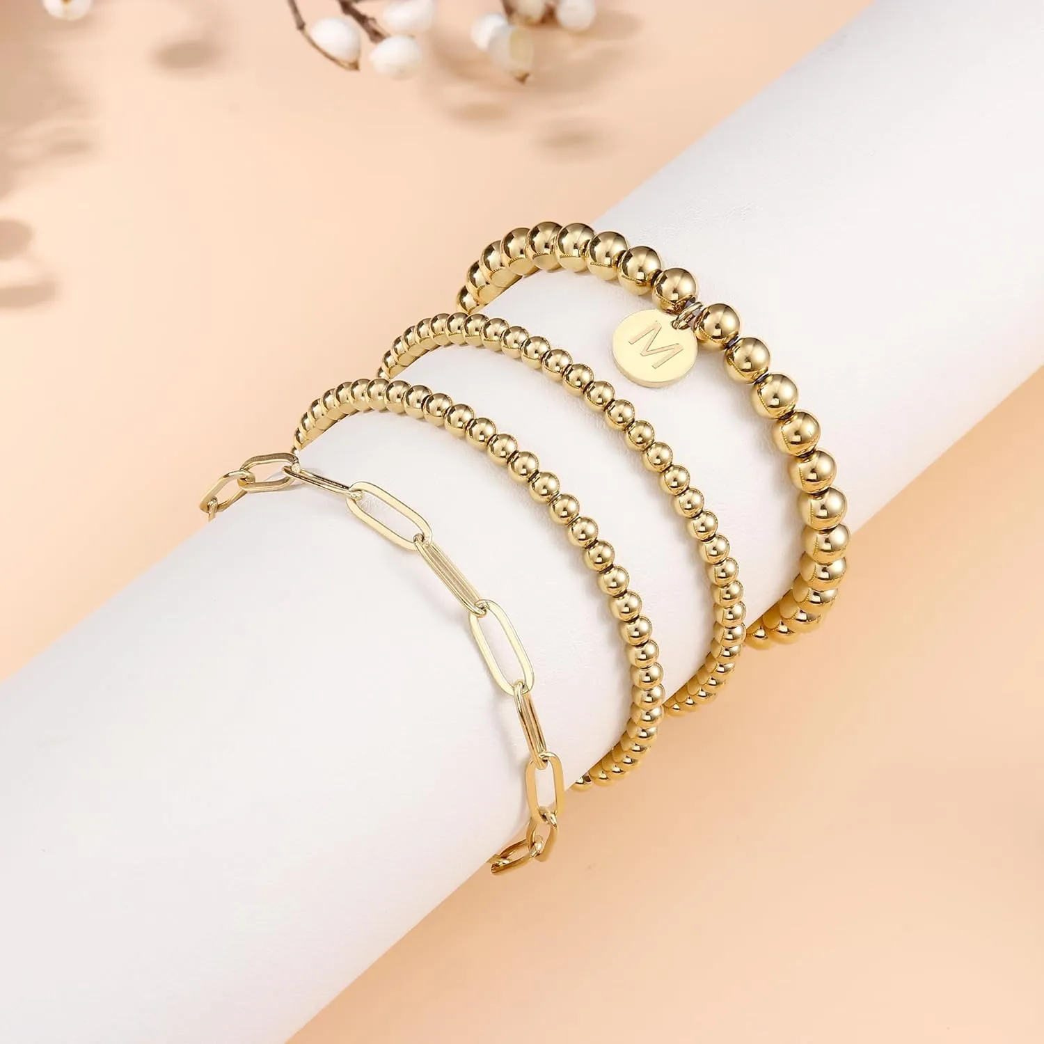 Sanfenly Gold Bracelets for Women, 14K Gold Plated Letter Initial Bracelet Stack Gold Stretch Bead Ball Bracelets Stackable Bracelet Set