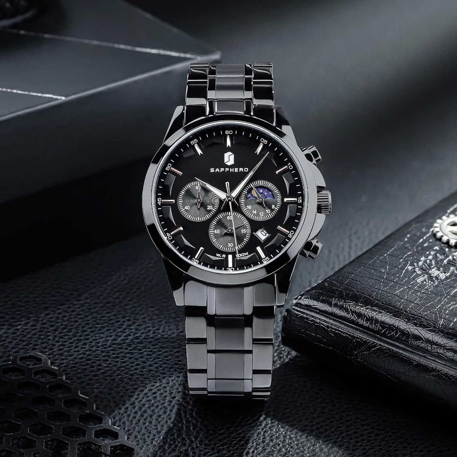 SAPPHERO Men's Watches Stainless Steel Chronograph Waterproof Quartz-Business Casual Dress Watch for Men Luminous Date Gold/Silver/Black Design-Easy-to-Read Luxury Dial-Leather Unique Elegant Gift
