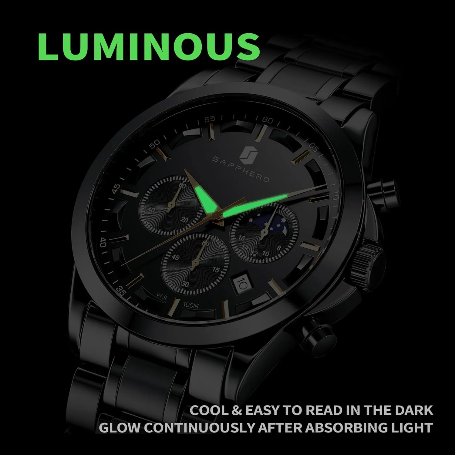 SAPPHERO Men's Watches Stainless Steel Chronograph Waterproof Quartz-Business Casual Dress Watch for Men Luminous Date Gold/Silver/Black Design-Easy-to-Read Luxury Dial-Leather Unique Elegant Gift