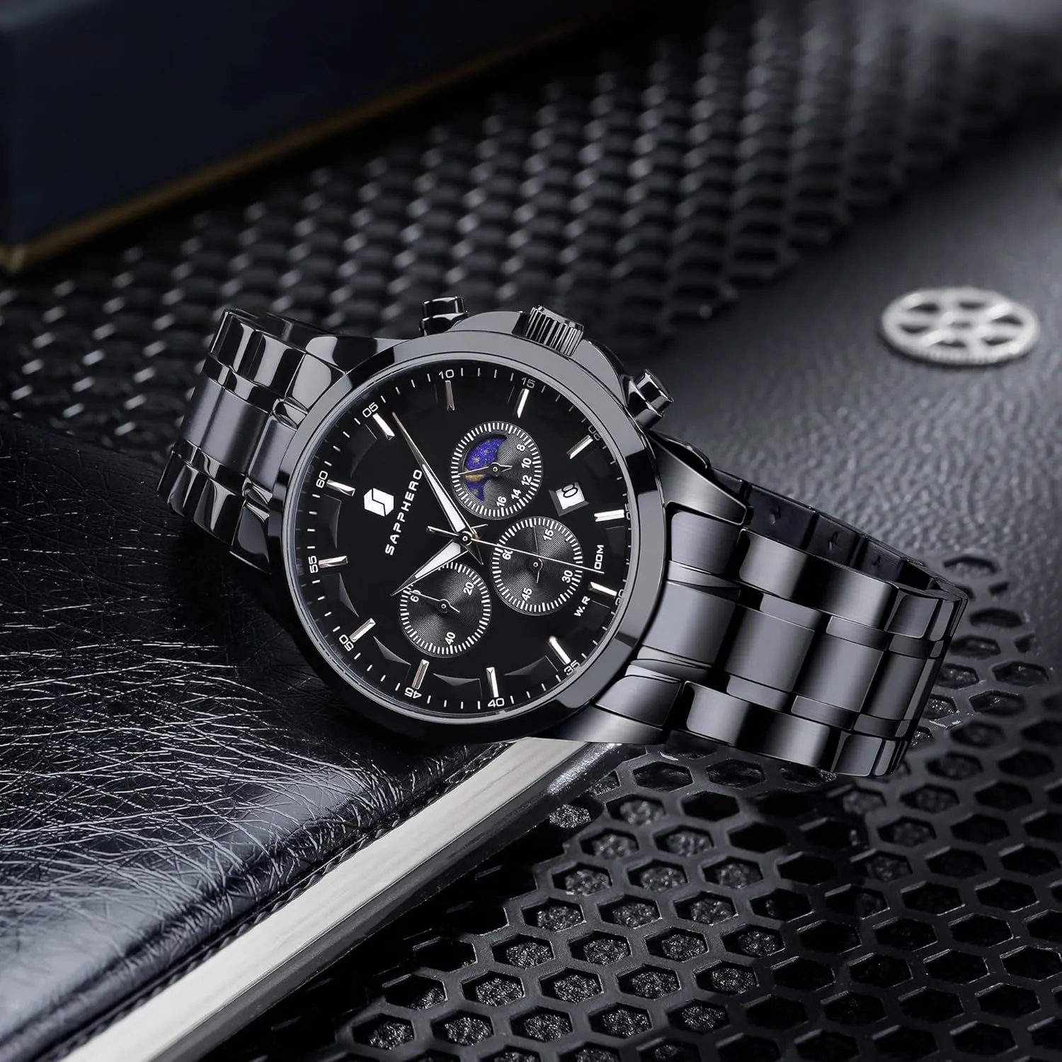 SAPPHERO Men's Watches Stainless Steel Chronograph Waterproof Quartz-Business Casual Dress Watch for Men Luminous Date Gold/Silver/Black Design-Easy-to-Read Luxury Dial-Leather Unique Elegant Gift