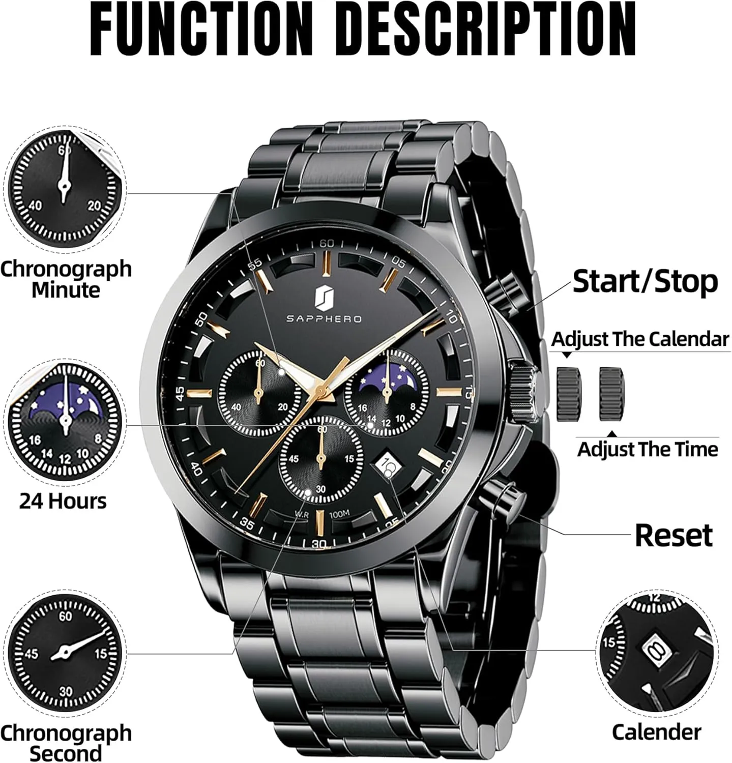 SAPPHERO Men's Watches Stainless Steel Chronograph Waterproof Quartz-Business Casual Dress Watch for Men Luminous Date Gold/Silver/Black Design-Easy-to-Read Luxury Dial-Leather Unique Elegant Gift