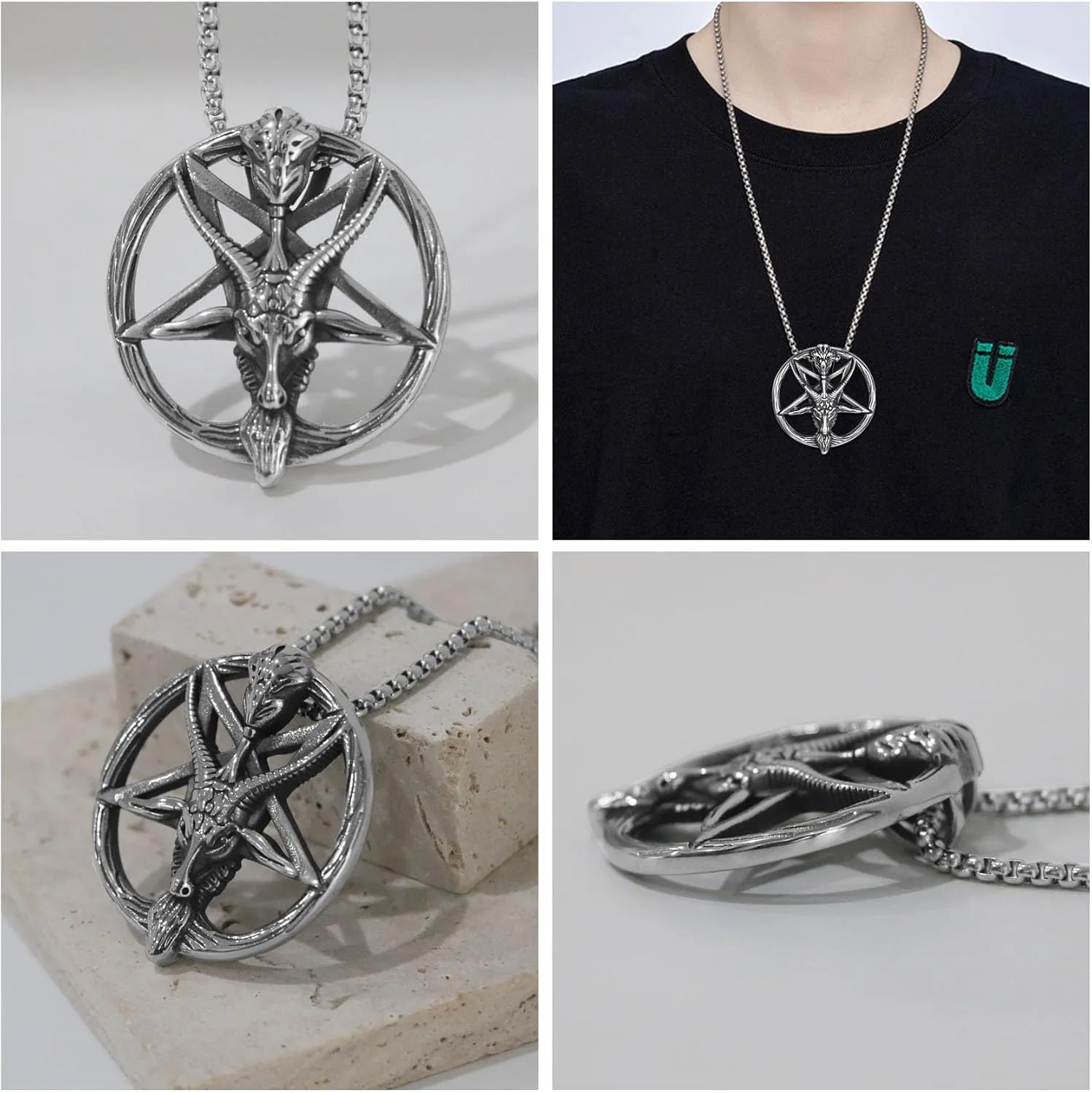 Satanic Necklace Gothic Mens Stainless Steel Necklaces Both Sided Round Devil Lucifer Necklace Baphomet Pendant Church Talisman Jewelry for Men