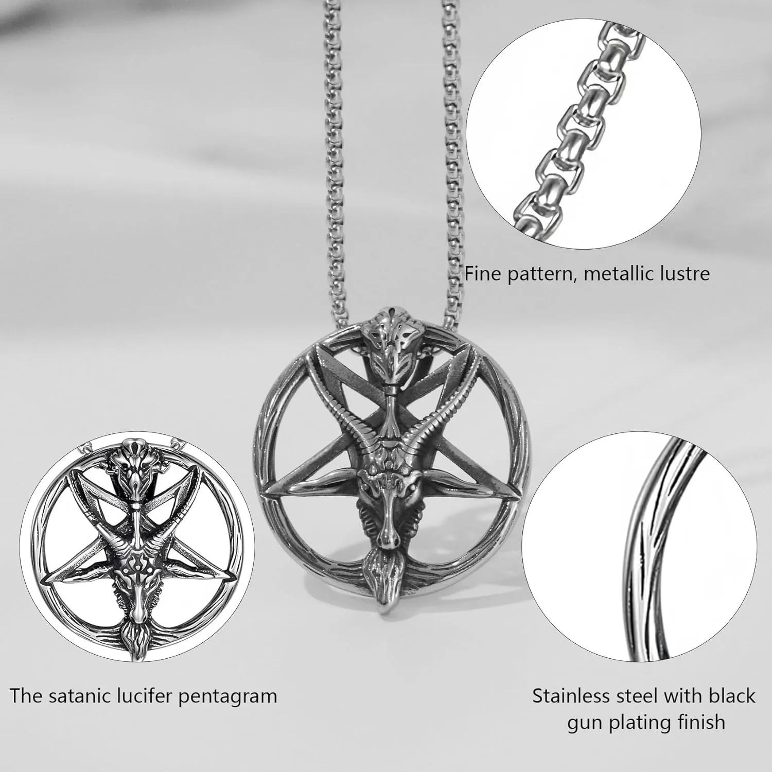 Satanic Necklace Gothic Mens Stainless Steel Necklaces Both Sided Round Devil Lucifer Necklace Baphomet Pendant Church Talisman Jewelry for Men