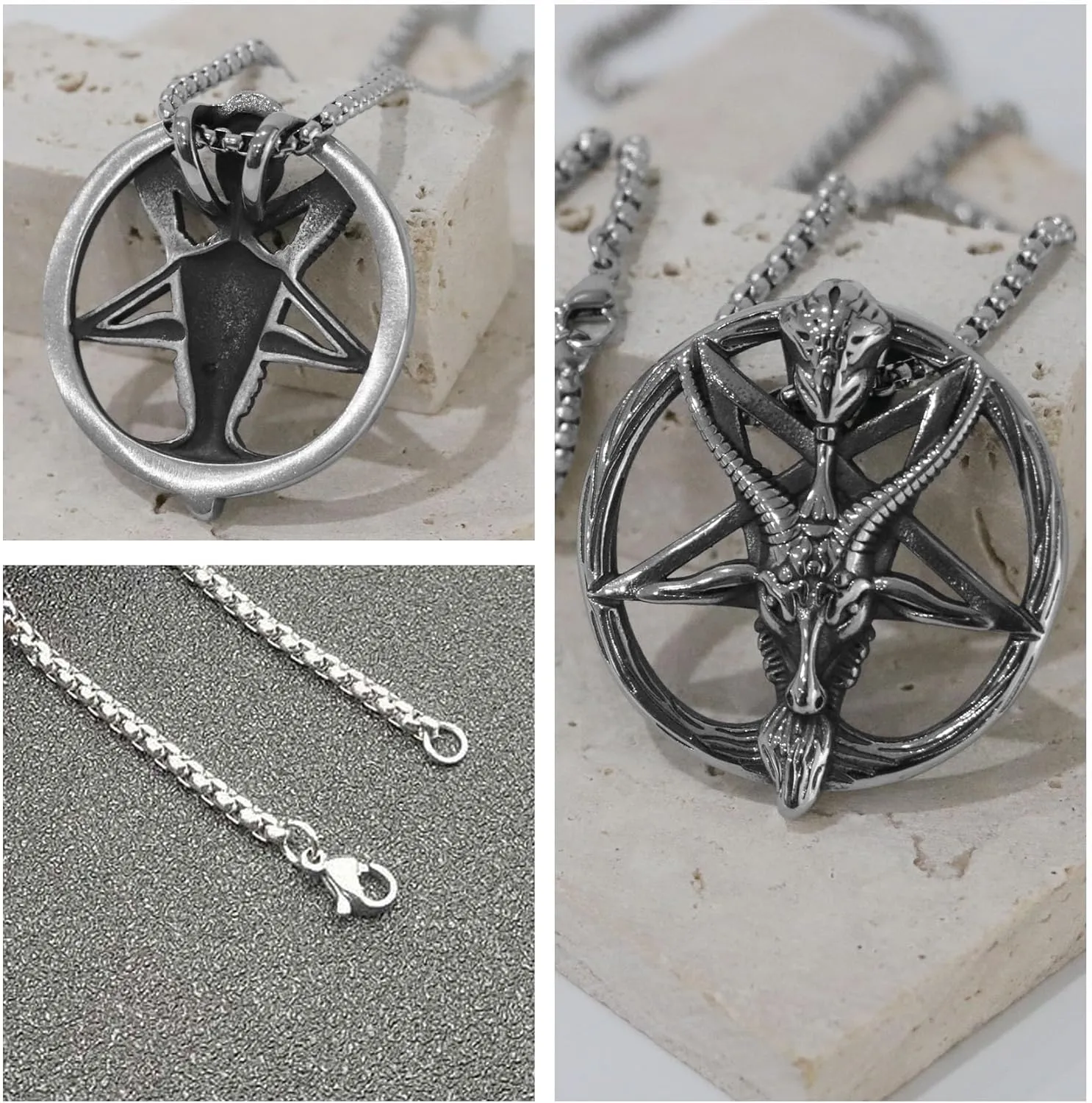 Satanic Necklace Gothic Mens Stainless Steel Necklaces Both Sided Round Devil Lucifer Necklace Baphomet Pendant Church Talisman Jewelry for Men