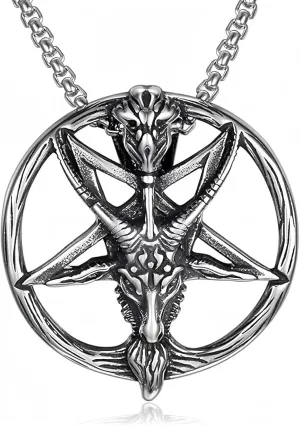 Satanic Necklace Gothic Mens Stainless Steel Necklaces Both Sided Round Devil Lucifer Necklace Baphomet Pendant Church Talisman Jewelry for Men