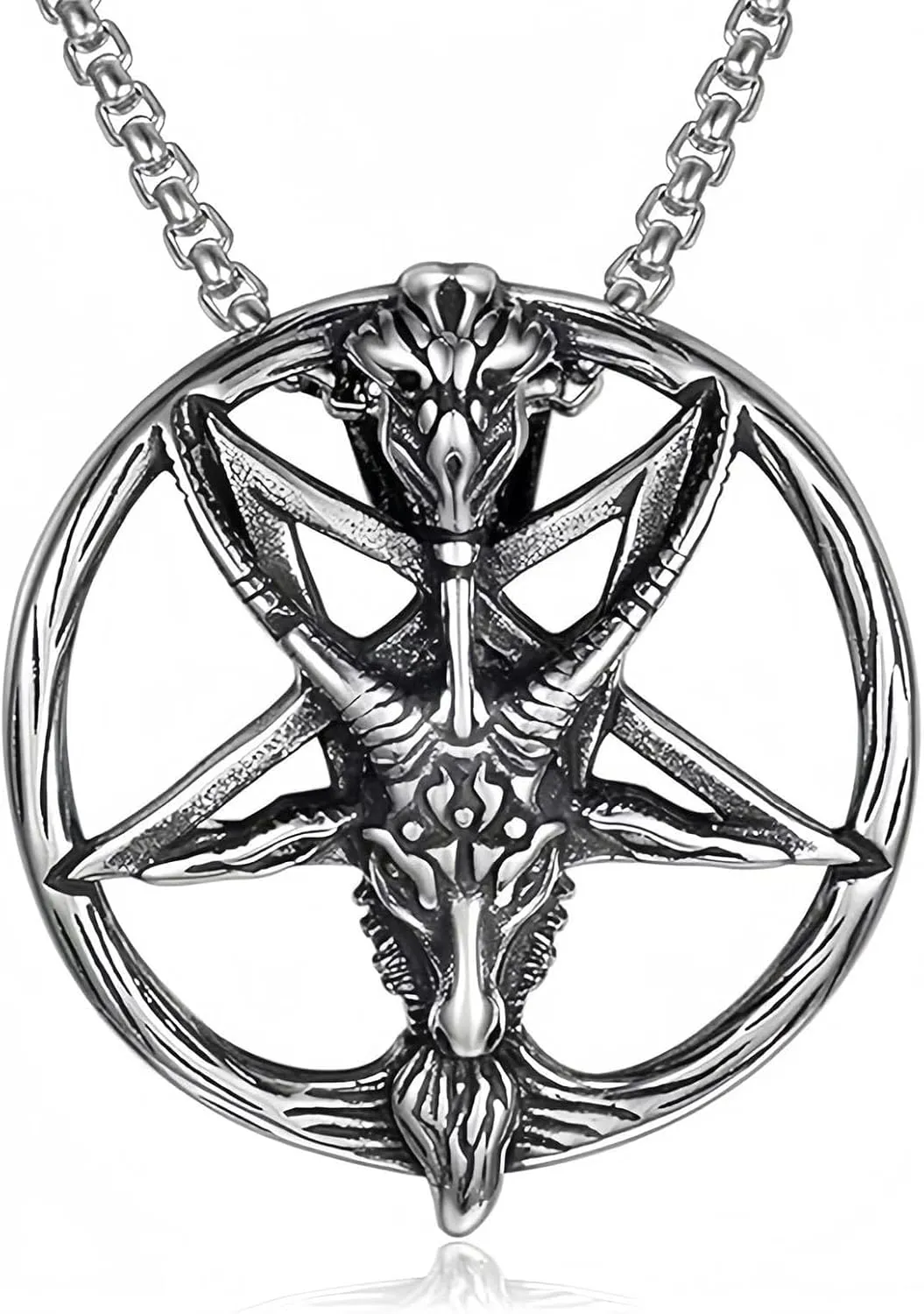 Satanic Necklace Gothic Mens Stainless Steel Necklaces Both Sided Round Devil Lucifer Necklace Baphomet Pendant Church Talisman Jewelry for Men
