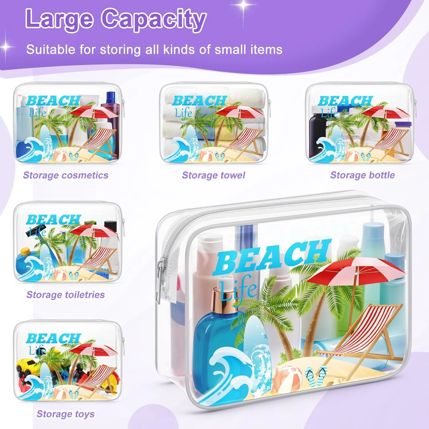 Sazuwu Beach Themed Gifts for Women Friends Adults Clear Makeup Bags with Zipper Birthday Gifts for Beach Lover Cosmetic Travel Bag Organizer Beach Trip Essentials for Family Beach Vacation Gifts