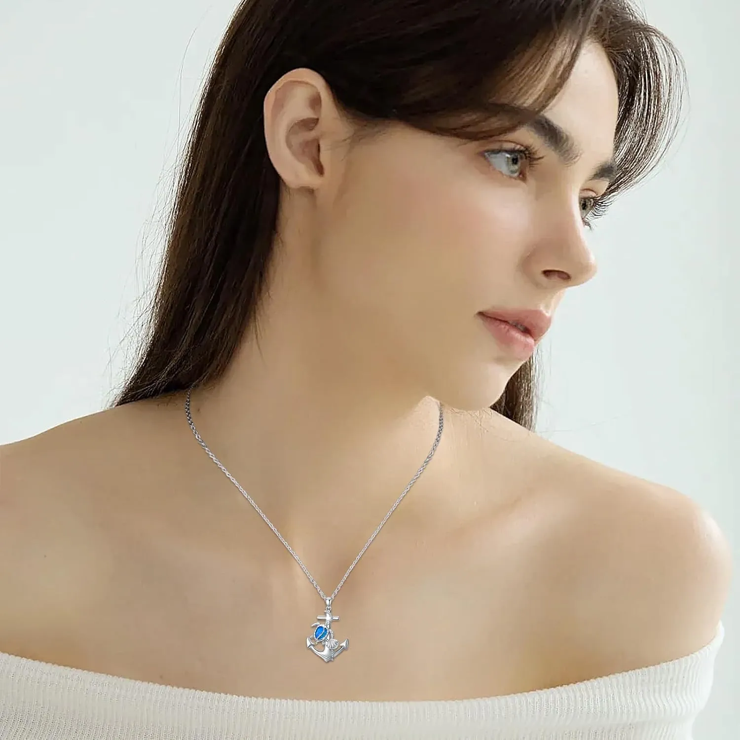 Sea Turtle/Jellyfish/Dolphin/Mermaid/Compass/Steering wheel necklace 925 Sterling Silver Anchor Navy Ocean Jewelry Beach Gifts for Women Men