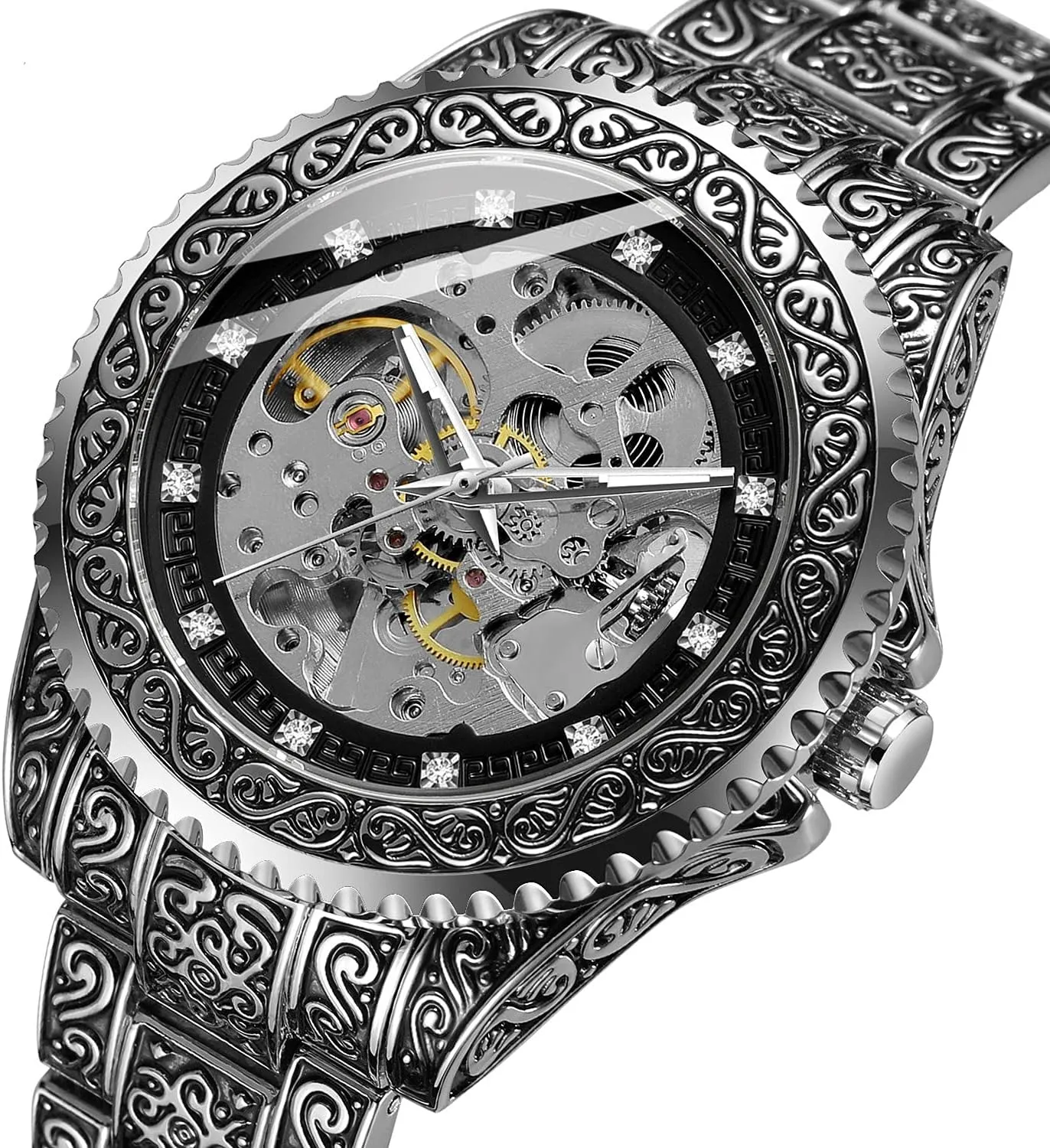 SENRUD Mens Automatic Watch Tattoo Pattern Carved Hollow Design Luxury Watches Stainless Steel Skeleton Wrist Watches