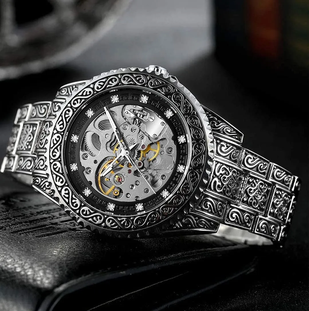 SENRUD Mens Automatic Watch Tattoo Pattern Carved Hollow Design Luxury Watches Stainless Steel Skeleton Wrist Watches