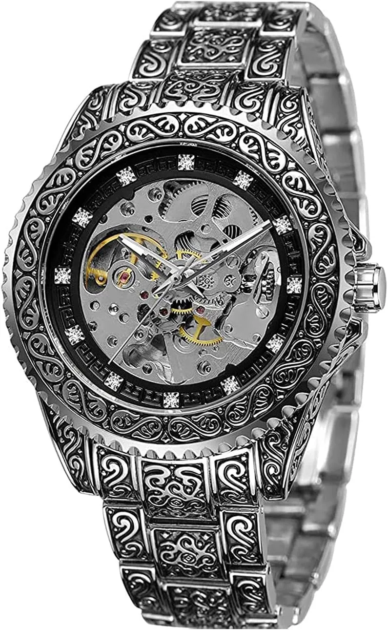 SENRUD Mens Automatic Watch Tattoo Pattern Carved Hollow Design Luxury Watches Stainless Steel Skeleton Wrist Watches