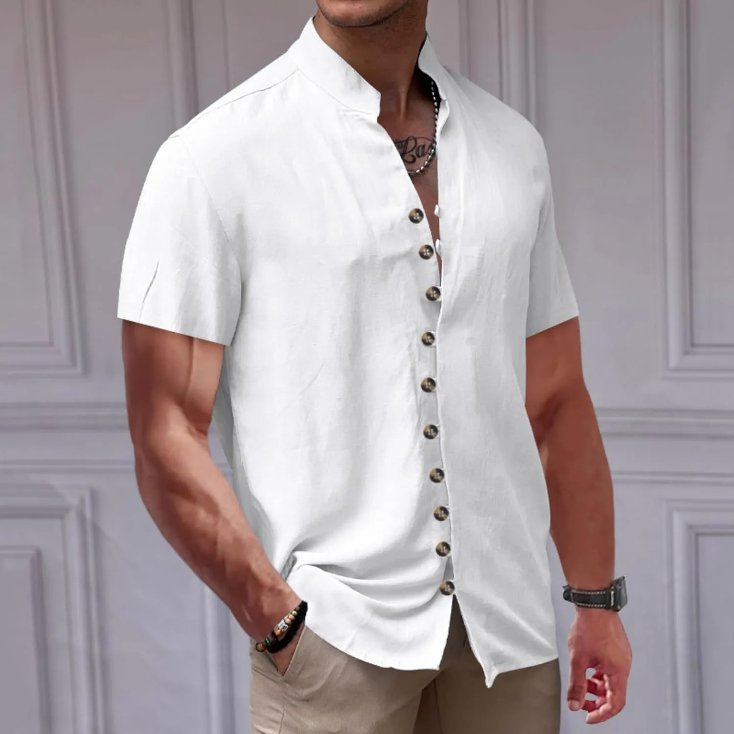 Short Sleeve Button Down Shirts for Men Linen Shirts Summer Casual Loose Solid Color Stand Collar Vacation Shirts