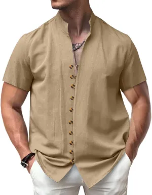 Short Sleeve Button Down Shirts for Men Linen Shirts Summer Casual Loose Solid Color Stand Collar Vacation Shirts