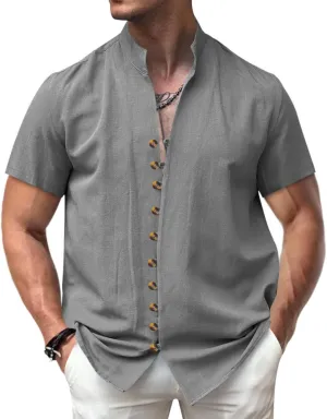 Short Sleeve Button Down Shirts for Men Linen Shirts Summer Casual Loose Solid Color Stand Collar Vacation Shirts