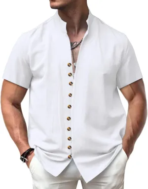 Short Sleeve Button Down Shirts for Men Linen Shirts Summer Casual Loose Solid Color Stand Collar Vacation Shirts