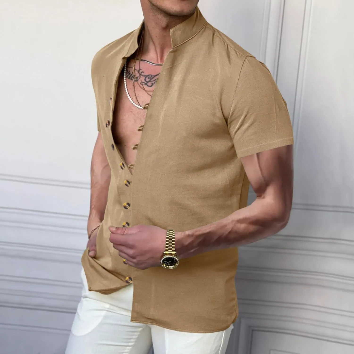 Short Sleeve Button Down Shirts for Men Linen Shirts Summer Casual Loose Solid Color Stand Collar Vacation Shirts