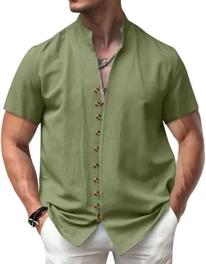 Short Sleeve Button Down Shirts for Men Linen Shirts Summer Casual Loose Solid Color Stand Collar Vacation Shirts