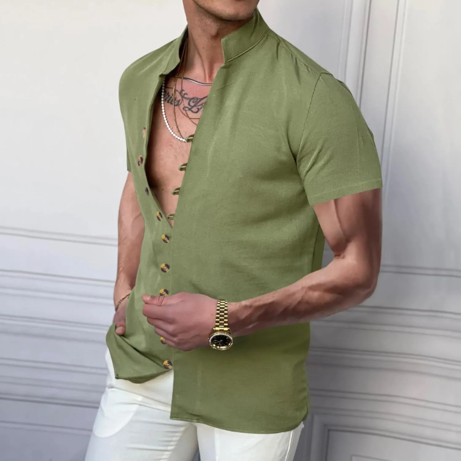 Short Sleeve Button Down Shirts for Men Linen Shirts Summer Casual Loose Solid Color Stand Collar Vacation Shirts