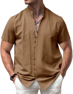 Short Sleeve Button Down Shirts for Men Linen Shirts Summer Casual Loose Solid Color Stand Collar Vacation Shirts