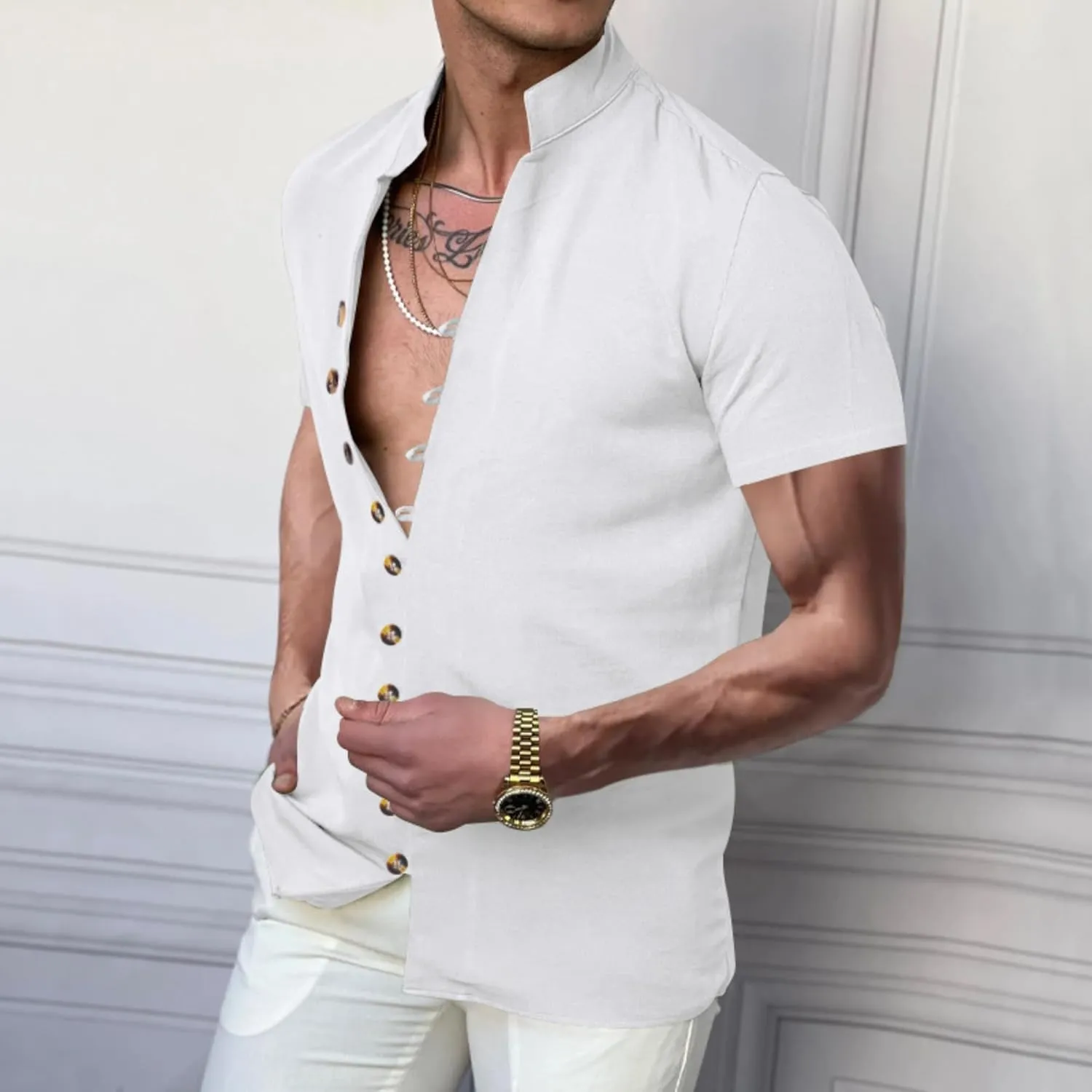 Short Sleeve Button Down Shirts for Men Linen Shirts Summer Casual Loose Solid Color Stand Collar Vacation Shirts