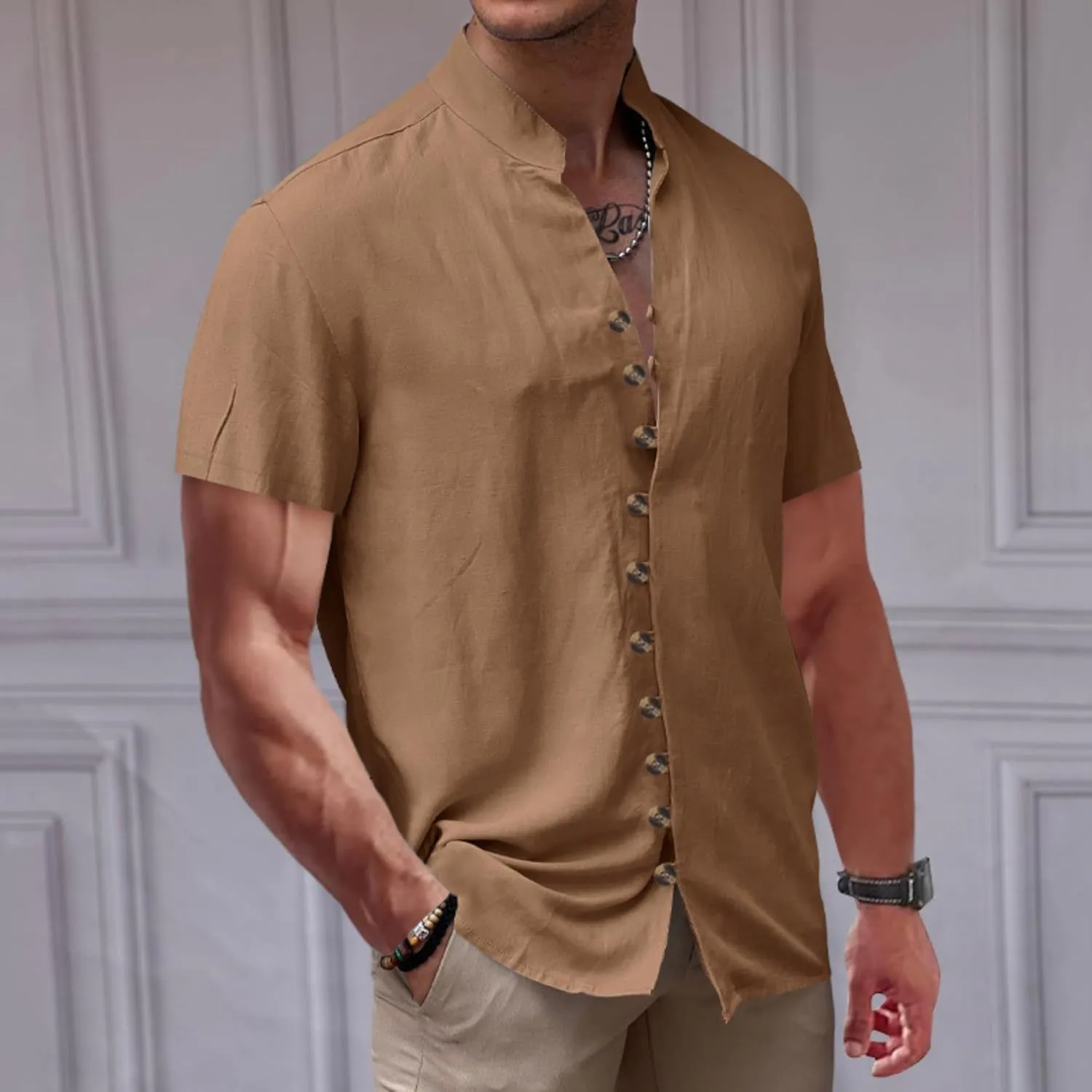Short Sleeve Button Down Shirts for Men Linen Shirts Summer Casual Loose Solid Color Stand Collar Vacation Shirts