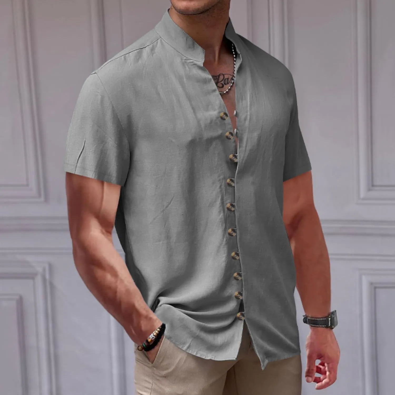 Short Sleeve Button Down Shirts for Men Linen Shirts Summer Casual Loose Solid Color Stand Collar Vacation Shirts