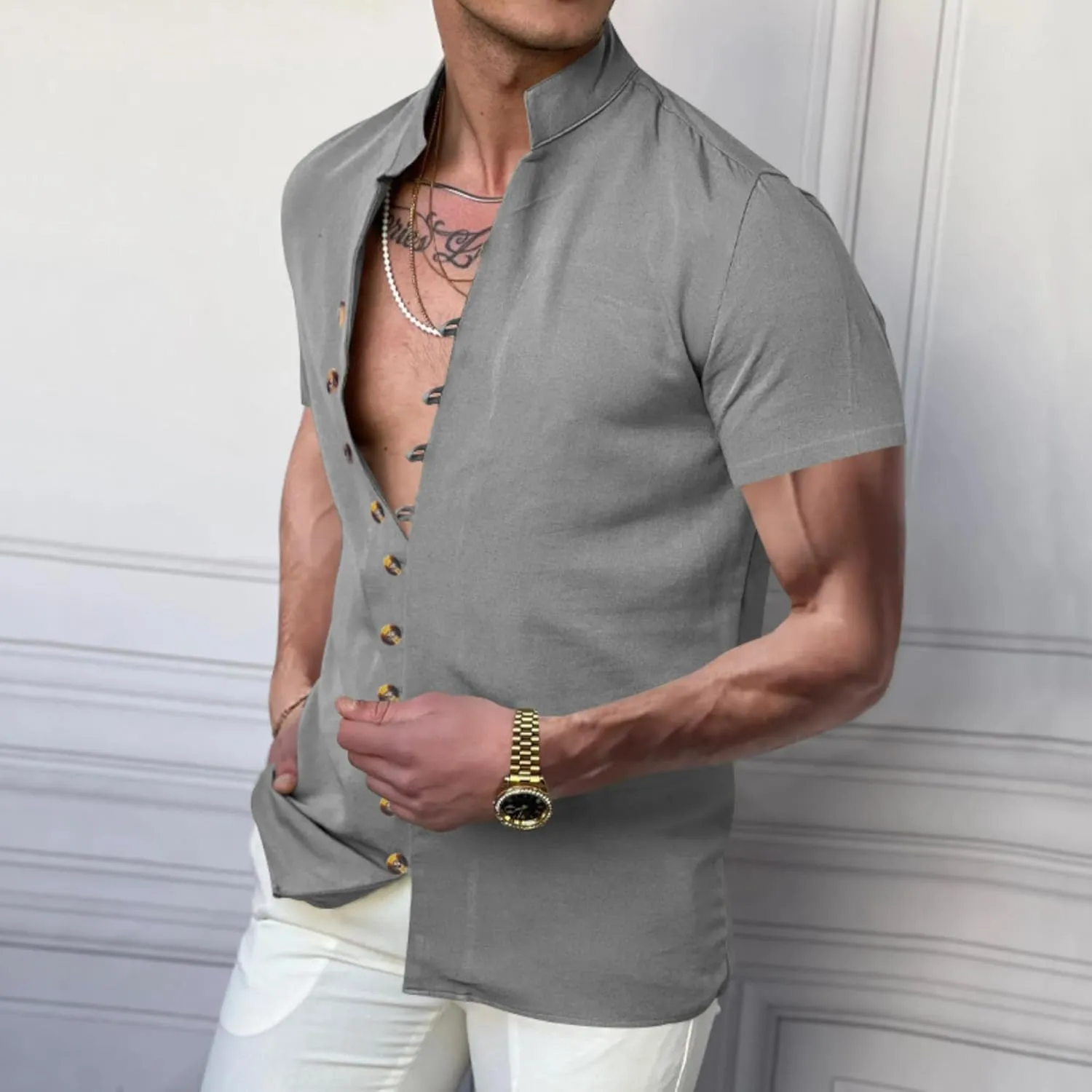 Short Sleeve Button Down Shirts for Men Linen Shirts Summer Casual Loose Solid Color Stand Collar Vacation Shirts