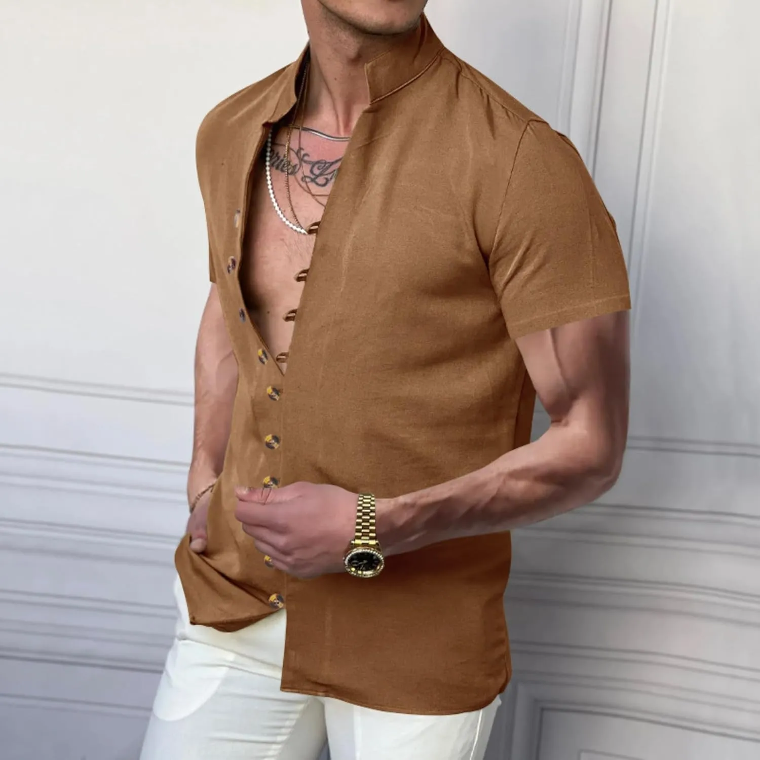 Short Sleeve Button Down Shirts for Men Linen Shirts Summer Casual Loose Solid Color Stand Collar Vacation Shirts