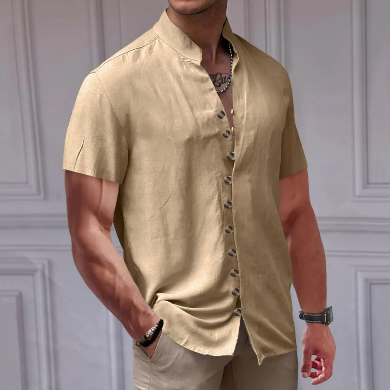Short Sleeve Button Down Shirts for Men Linen Shirts Summer Casual Loose Solid Color Stand Collar Vacation Shirts