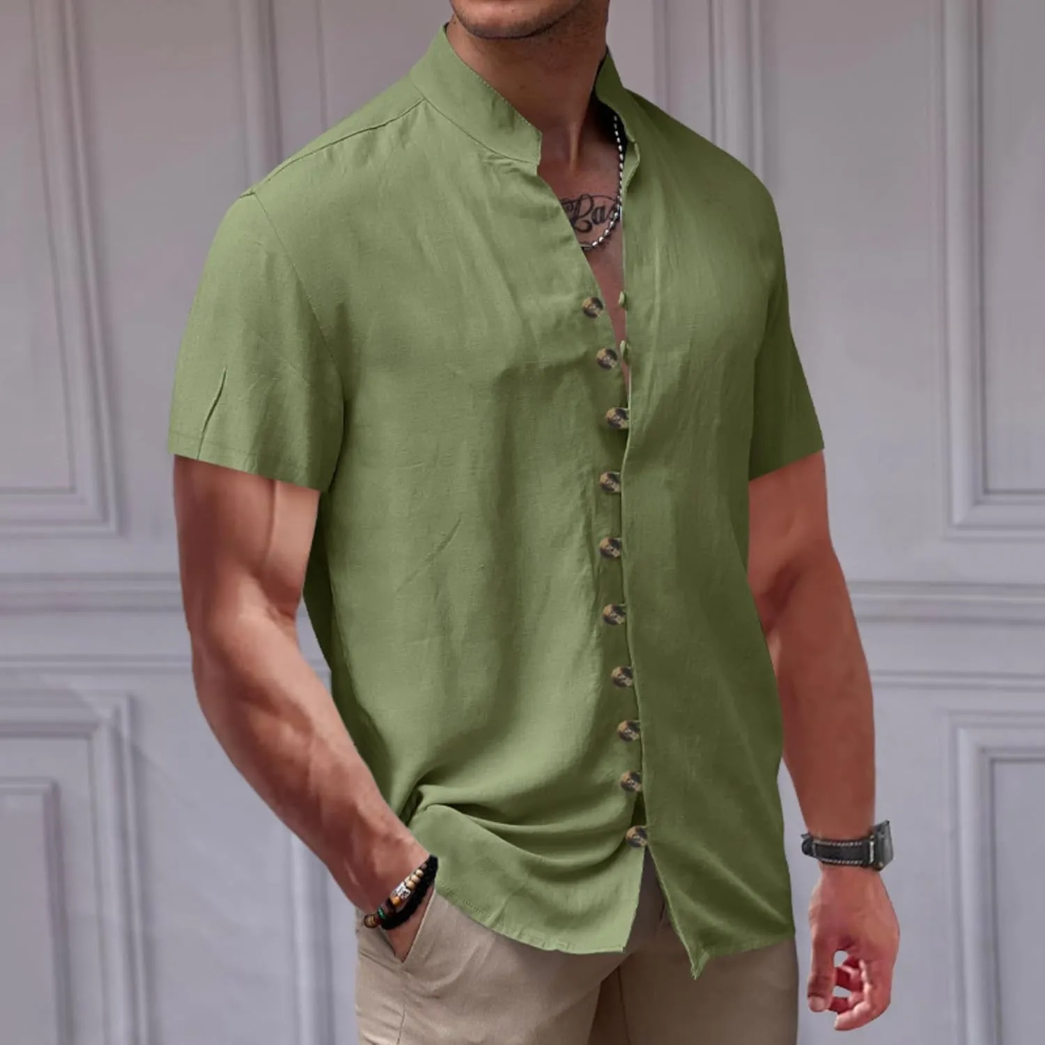 Short Sleeve Button Down Shirts for Men Linen Shirts Summer Casual Loose Solid Color Stand Collar Vacation Shirts