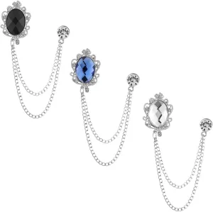 Shuxy Men's 3PCS Hanging Chain Brooch Black White Blue Stone Detailing with Engraving Metal Crystal Suit Stud Lapel Pin Vintage Rhinestone Wedding Brooch Pin, Silver