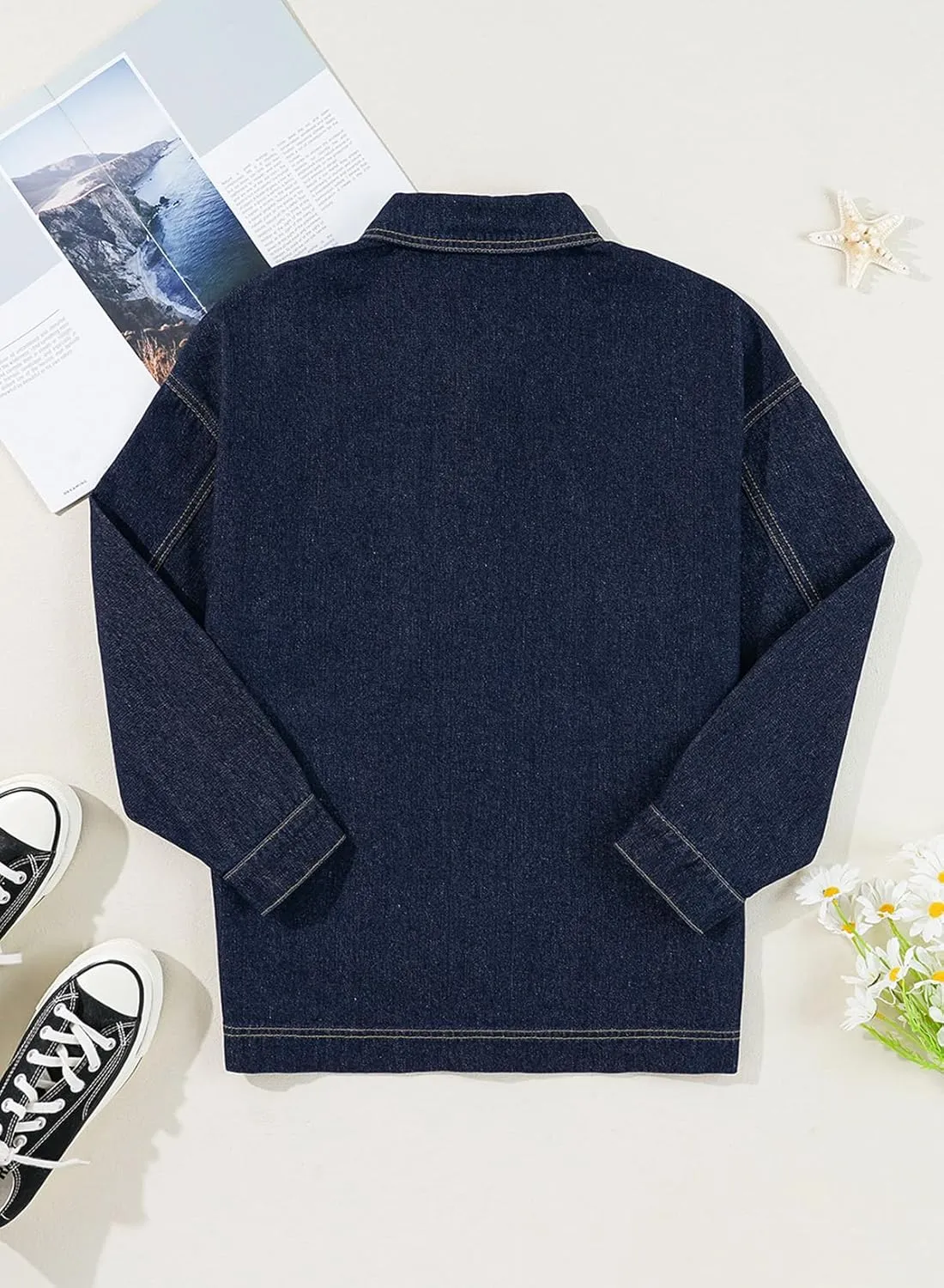 Sidefeel Women's Jean Jacket Oversized Boyfriend Button Up Long Sleeve Split Zimbaplatinum Denim Jackets