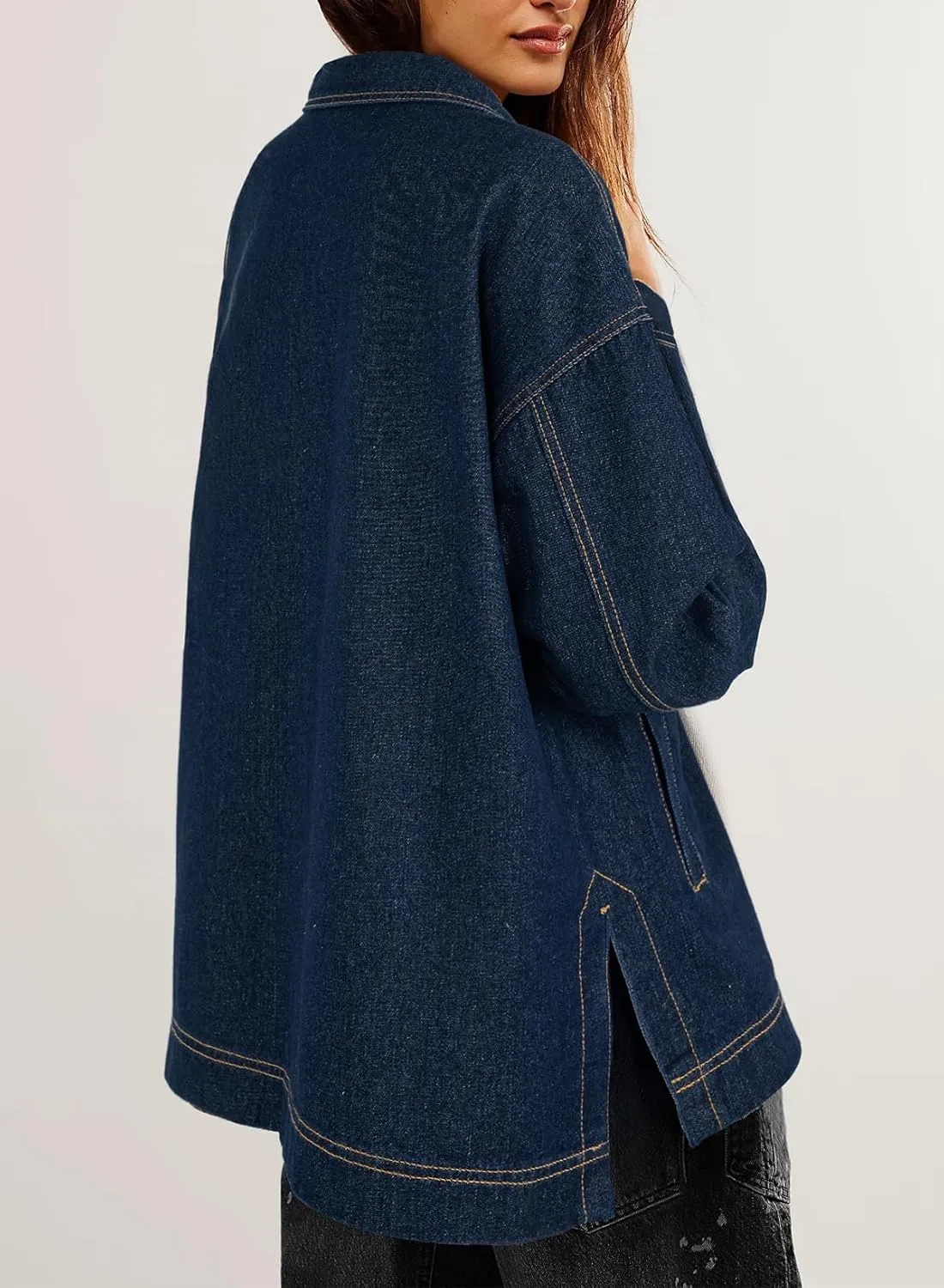 Sidefeel Women's Jean Jacket Oversized Boyfriend Button Up Long Sleeve Split Zimbaplatinum Denim Jackets