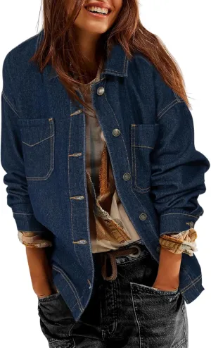 Sidefeel Women's Jean Jacket Oversized Boyfriend Button Up Long Sleeve Split Zimbaplatinum Denim Jackets