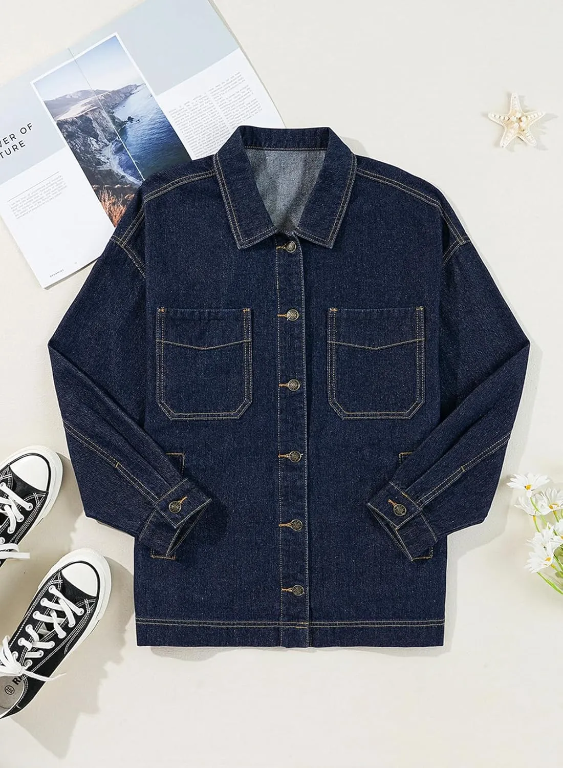 Sidefeel Women's Jean Jacket Oversized Boyfriend Button Up Long Sleeve Split Zimbaplatinum Denim Jackets