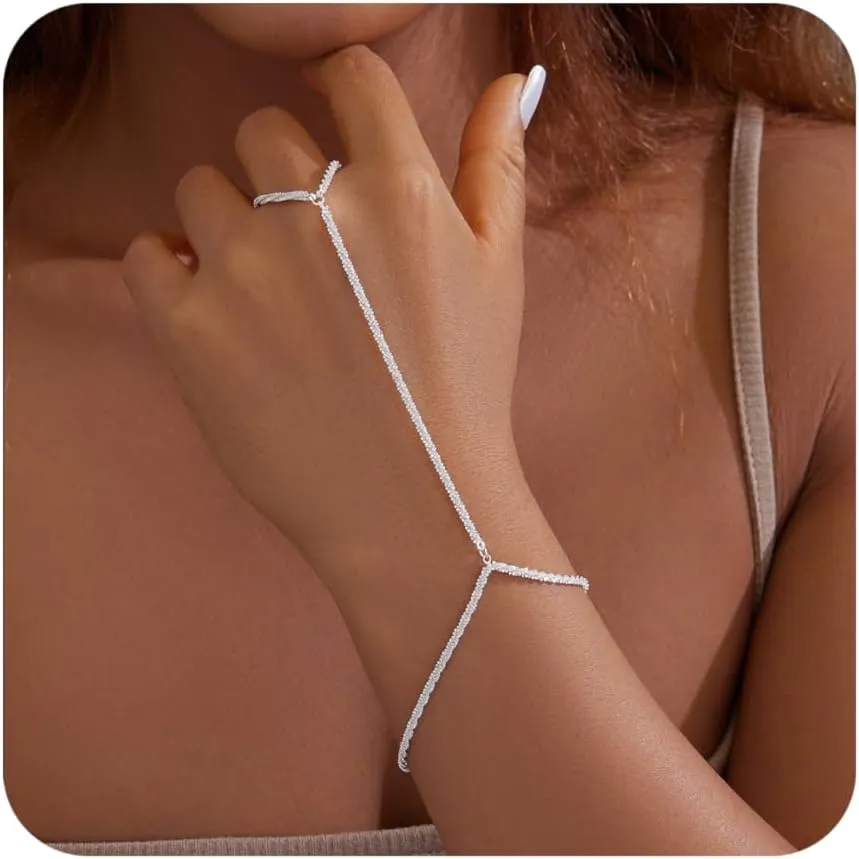 Silver Bracelets for Women Waterproof, 925 Silver Hand Chain Bracelets, Dainty Adjustable Bracelets for Women Trendy, Sparkle Slitter Chain Bracelets Jewelry Gifts for Women