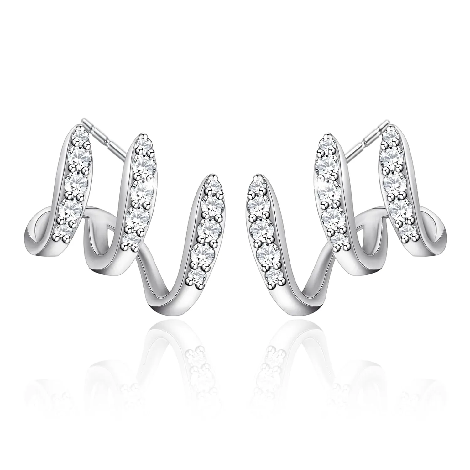 Silver Triple Crawler Hoop Earrings for Women | Cubic Zirconia Half Hoop Studs | Trendy Triple-Layer Claw Design, Cute Everyday Jewelry Gift