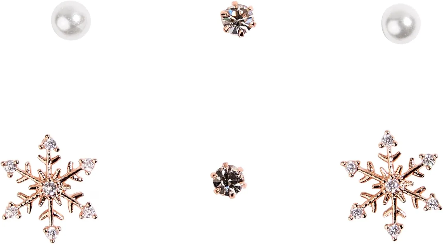 Snowflake Earring Set  6-Piece Mixed Studs with Cubic Zirconia & Pearls | Festive Holiday Earrings in Rose Gold or Silver